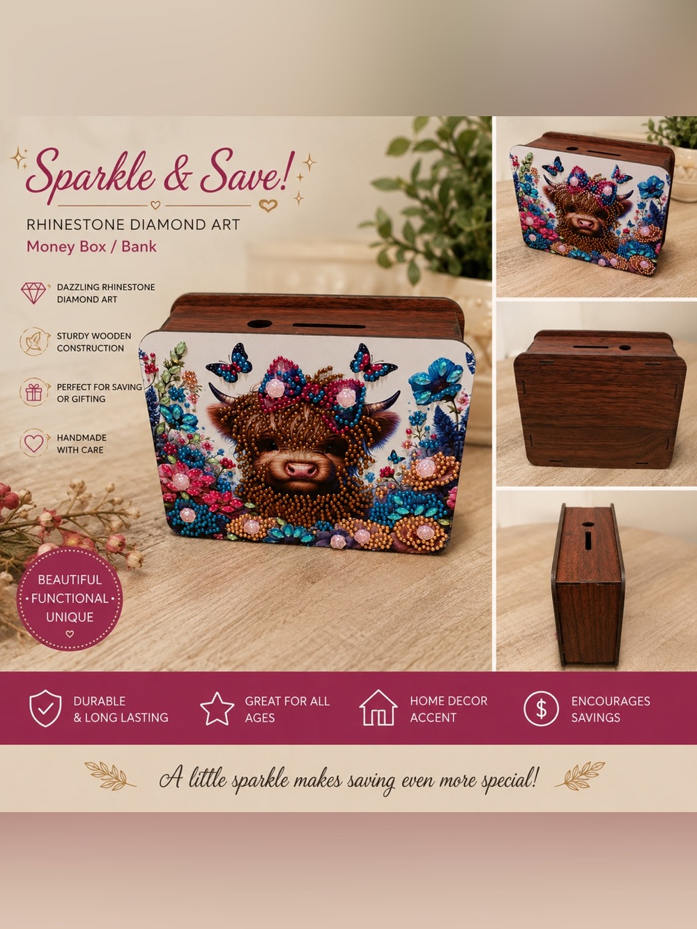 Wooden Highland Cow Diamond Art Piggy Bank - Sealed